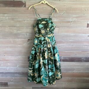Unsubscribed green quilted cotton leaf print dress size 0